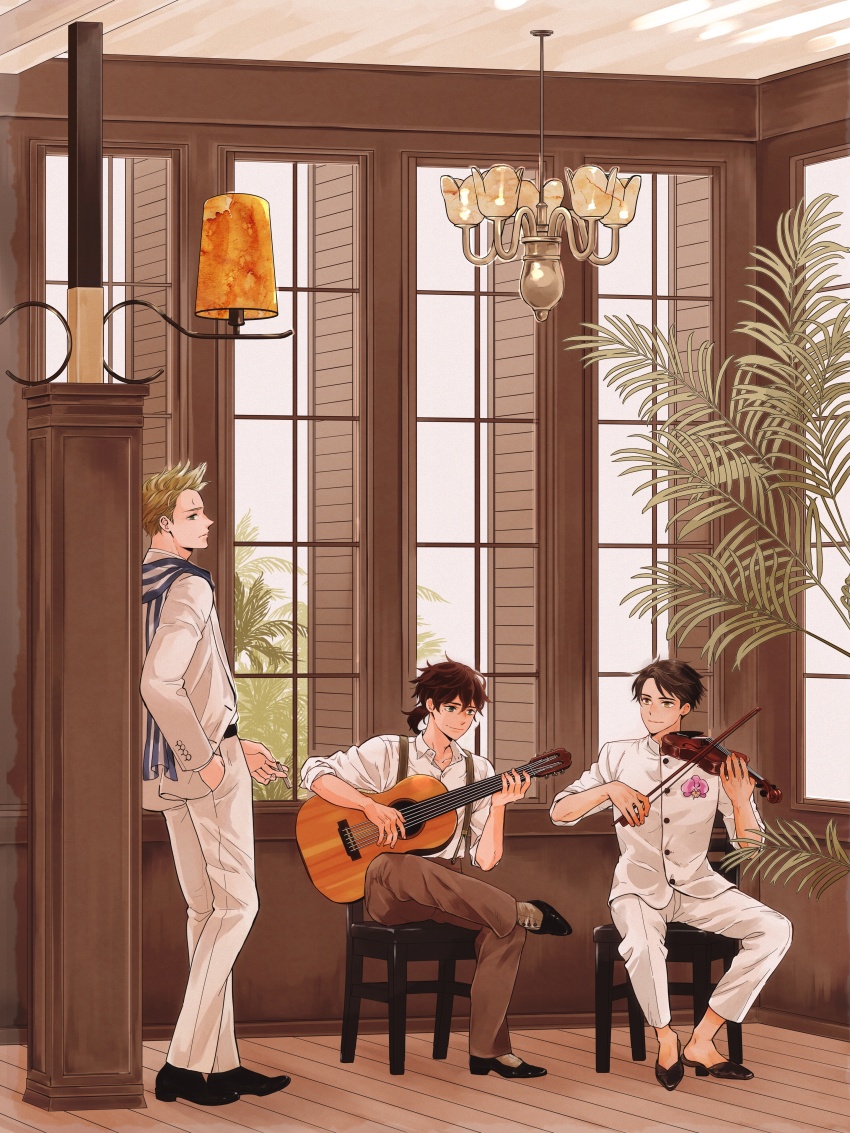 3boys absurdres acoustic_guitar axis_powers_hetalia blonde_hair bow_(music) brown_eyes brown_hair ca_lamari chair green_eyes guitar hair_slicked_back highres holding holding_bow_(music) holding_guitar holding_instrument holding_violin indonesia_(hetalia) indoors instrument jacket low_ponytail male_focus medium_hair mole mole_under_eye multiple_boys music netherlands_(hetalia) on_chair pants plant playing_guitar playing_instrument ponytail portugal_(hetalia) scar scar_on_face scar_on_forehead scarf shirt shoes short_hair sitting smile spiked_hair standing violin white_shirt window