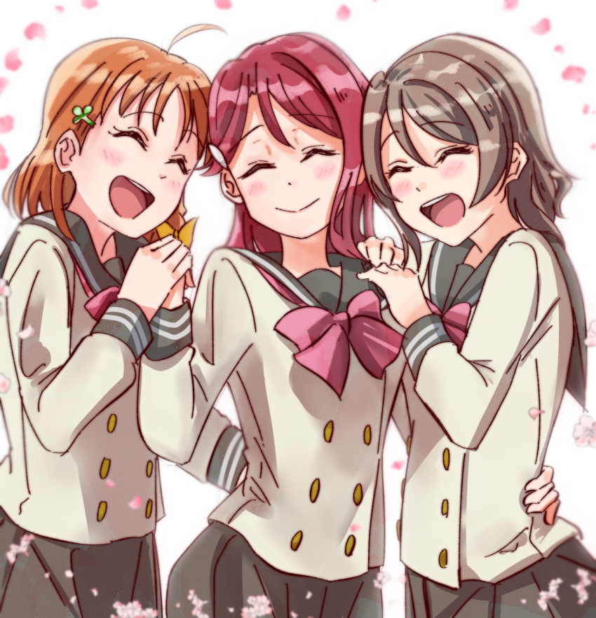3girls blue_eyes blush bow bowtie brown_hair highres long_hair love_live! love_live!_sunshine!! multiple_girls sakurauchi_riko school_uniform serafuku short_hair simple_background skt_(ryxxxxx) smile takami_chika watanabe_you