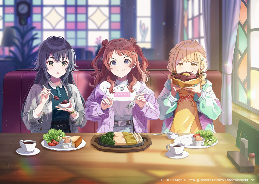 3girls absurdres artist_request ball blonde_hair blue_eyes blurry blurry_background braid bread bread_slice brown_hair coffee copyright_name copyright_notice cup eating food fork fujita_kotone gakuen_idolmaster green_eyes green_hair green_hoodie green_shirt grey_jacket hanami_saki highres holding holding_fork holding_spoon hood hoodie idolmaster indoors jacket long_hair long_sleeves multicolored_hoodie multiple_girls official_art plaid_clothes plaid_jacket purple_hoodie purple_jacket red_bean_paste restaurant second-party_source shirt smile spoon temari_ball tsukimura_temari two_side_up upper_body white_shirt window yellow_eyes yellow_shirt