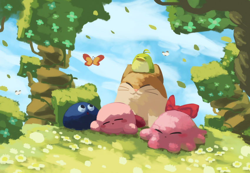:o animal animal_on_head bird bird_on_head black_eyes blue_flower blue_sky blush_stickers bow bug bush butterfly cat chuchu_(kirby) closed_eyes cloud colored_skin commentary_request day drooling field flower flower_field gooey_(kirby) green_bird highres insect kirby kirby&#039;s_dream_land_3 kirby_(series) leaf lying nago_(kirby) nintendo no_humans octopus on_head on_stomach open_mouth outdoors pink_skin pitch_(kirby) red_bow red_footwear shade shoes sky sleeping slime_(creature) spring_(season) suyasuyabi tree whiskers white_flower wind