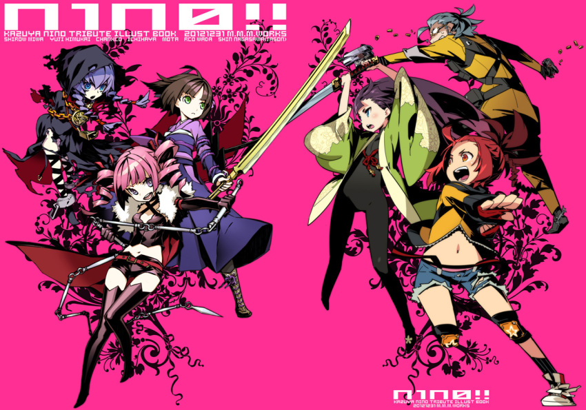 1boy 5girls 7th_dragon 7th_dragon_(series) 7th_dragon_2020 atlus battle black_hair blue_eyes bodysuit braid brown_hair bushidou_(sekaiju) bushidou_4_(sekaiju) cloak crossover curse_maker curse_maker_2 dark_hunter dark_hunter_(sekaiju) dark_hunter_4 destroyer_(7th_dragon_2020) drill_hair etrian_odyssey fingerless_gloves glasses gloves green_eyes grey_hair himukai_yuuji hood katana midriff miwa_shirow multiple_girls navel nishimura_haru_(7th_dragon) pink_background pink_hair ponytail purple_hair ran_(7th_dragon) red_eyes red_hair samurai_(7th_dragon) sega short_shorts shorts sword thighhighs trickster_(7th_dragon) twin_drills twintails weapon whip