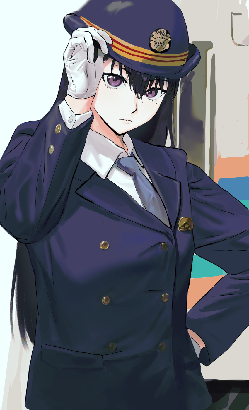 1girl absurdres adjusting_clothes adjusting_headwear bang_dream! bang_dream!_it&#039;s_mygo!!!!! black_hair blue_hat blue_jacket chinese_commentary closed_mouth commentary_request gloves grey_necktie hair_between_eyes hand_on_own_hip hat highres jacket long_hair mole mole_under_eye necktie purple_eyes rainbow_hose shiina_taki shirt solo upper_body white_gloves white_shirt