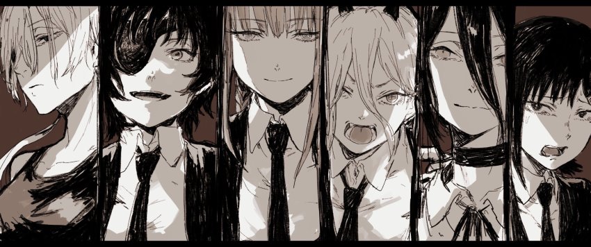 6+girls black_choker black_hair black_necktie braid braided_ponytail chainsaw_man choker closed_mouth collared_shirt eshaku_(asifu-coffee) eyebrows eyepatch hair_between_eyes higashiyama_kobeni highres himeno_(chainsaw_man) long_hair looking_at_viewer makima_(chainsaw_man) medium_hair mole mole_under_eye multiple_girls necktie neckwear_request open_mouth ponytail power_(chainsaw_man) quanxi_(chainsaw_man) reze_(chainsaw_man) ringed_eyes shaded_face shirt short_hair smile white_shirt