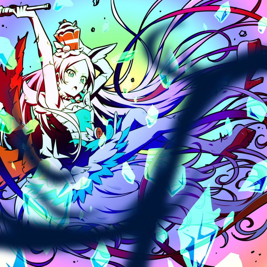 1girl animal_ears arms_up bare_shoulders berry boots choker commentary_request cure_parfait dress earrings elbow_gloves food food-themed_hair_ornament fruit gloves hair_ornament headband highres horse_ears jewelry kirahoshi_ciel kirakira_precure_a_la_mode kiwi_(fruit) leaf lemon long_hair multicolored_eyes nita_(onakatohoppe) orange_(fruit) parfait pearl_choker pearl_earrings pink_hair ponytail precure solo sparkling_eyes strapless strapless_dress tail white_boots white_gloves white_tail white_wings wings