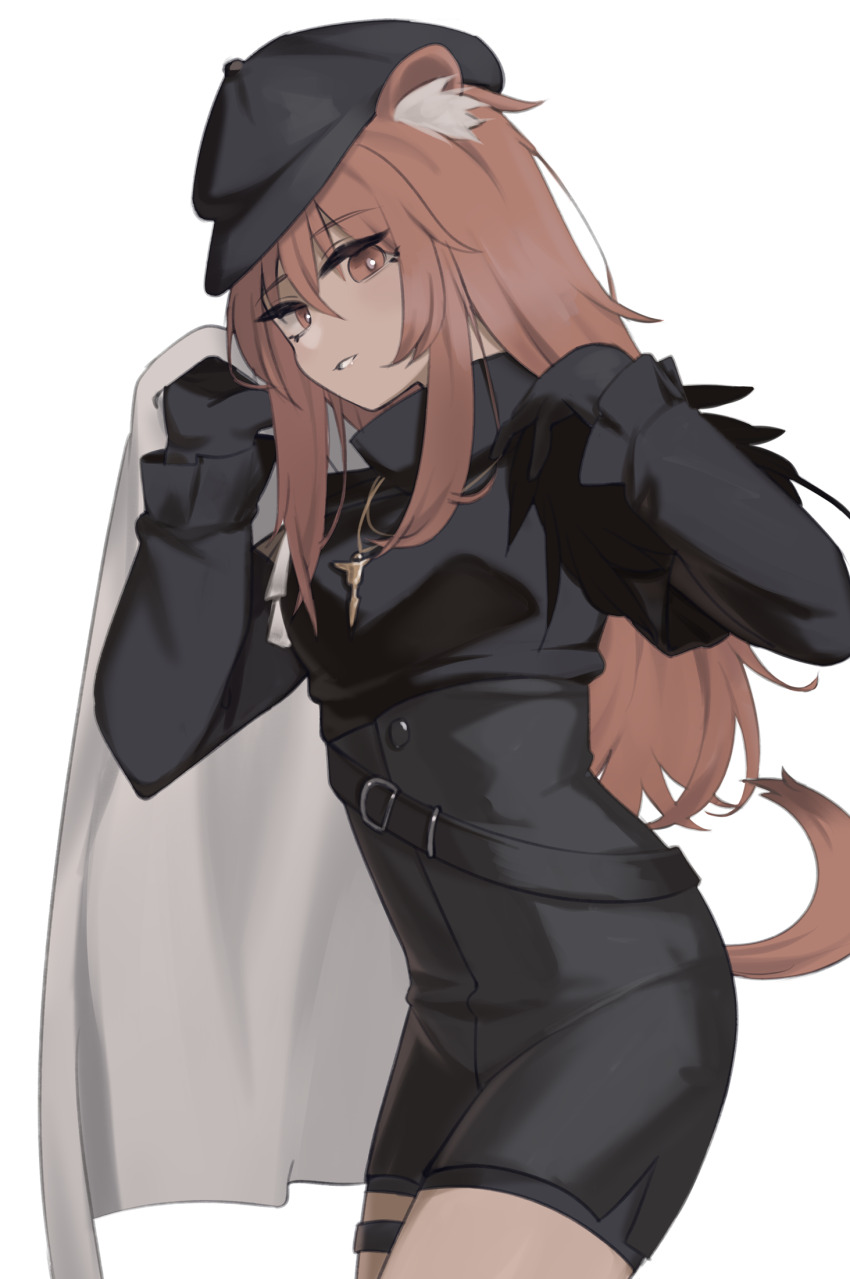 1girl animal_ear_fluff animal_ears arknights black_gloves black_hat black_romper brown_eyes brown_hair brown_tail commentary cowboy_shot flat_cap gloves gravel_(arknights) gravel_(modeling_night)_(arknights) hair_between_eyes hat highres hinami047 jewelry long_hair long_sleeves looking_at_viewer official_alternate_costume pendant romper smile solo standing strap tail thigh_strap