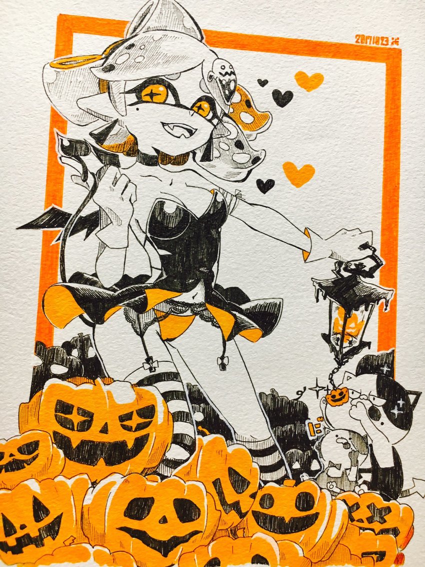 +_+ 1girl alternate_costume artist_name bandaged_arm bandages bat_wings black_dress breasts cat choker cleavage commentary_request dated demon_tail dress earrings fangs garter_belt ghost gloves gluteal_fold halloween halloween_costume heart highleg highleg_panties highres holding holding_lantern inkling jack-o&#039;-lantern jewelry lace lantern lingerie looking_at_viewer marie_(splatoon) marker_(medium) medium_breasts mole mole_under_eye moon navel nintendo object_on_head okome_2g2g open_mouth orange_theme outside_border panties pointy_ears pumpkin short_dress signature smile splatoon_(series) standing strapless strapless_dress striped_clothes striped_thighhighs tail tentacle_hair thighhighs traditional_media underwear wings