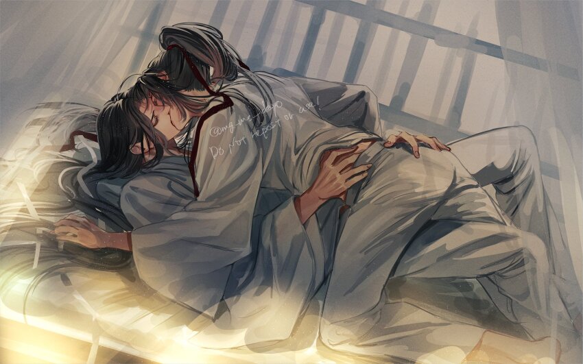 2boys ahoge alternate_costume barefoot bathrobe bed bed_sheet bishounen black_hair blush chinese_clothes closed_eyes couple curtains dated dutch_angle french_kiss hair_ribbon hand_on_another&#039;s_ass hand_on_another&#039;s_hip hanfu high_ponytail highres hug indoors kiss lan_wangji lifting_another&#039;s_clothes long_hair long_sleeves lying lying_on_person male_focus mg_ms_dayo modao_zushi multiple_boys on_back on_bed pants pillow ponytail red_ribbon ribbon robe sidelocks smile spread_legs twitter_username very_long_hair watermark wei_wuxian white_pants white_ribbon white_robe wide_sleeves window yaoi