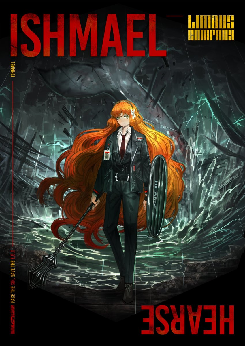 1girl absurdres black_jacket black_pants black_shoes black_vest character_name closed_mouth formal_clothes full_body headband highres holding holding_shield holding_weapon ishmael ishmael_(project_moon) jacket limbus_company long_hair long_sleeves looking_at_viewer mace necktie official_art open_clothes open_jacket orange_eyes orange_hair pants project_moon red_necktie shield shoes solo standing vest water weapon