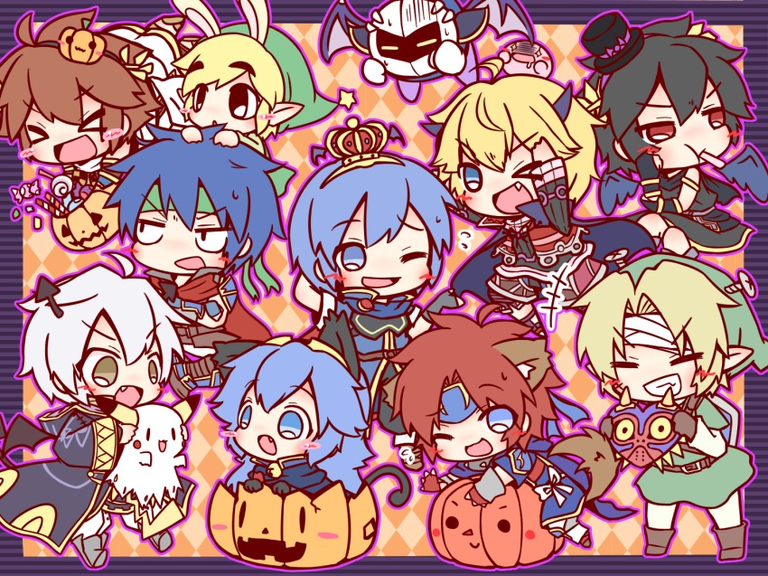 1girl animal_ears armor bandages bat_wings black_hair blonde_hair blue_eyes blue_hair blush brown_hair cape cat_ears cat_tail closed_eyes crown dark_pit fire_emblem fire_emblem:_mystery_of_the_emblem fire_emblem:_radiant_dawn fire_emblem:_the_binding_blade fire_emblem_awakening gen_1_pokemon halloween hat hood ike_(fire_emblem) kid_icarus kid_icarus_uprising kirby kirby_(series) link long_hair lucina_(fire_emblem) male_robin_(fire_emblem) marth_(fire_emblem) mask meta_knight multiple_boys nintendo pikachu pokemon pokemon_(creature) pumpkin rabbit_ears red_hair ritateo roy_(fire_emblem) shield shield_on_back short_hair shulk_(xenoblade) smile super_smash_bros. tail the_legend_of_zelda the_legend_of_zelda:_majora&#039;s_mask the_legend_of_zelda:_the_wind_waker the_legend_of_zelda:_twilight_princess toon_link weapon white_hair wings xenoblade_chronicles_(series) xenoblade_chronicles_1