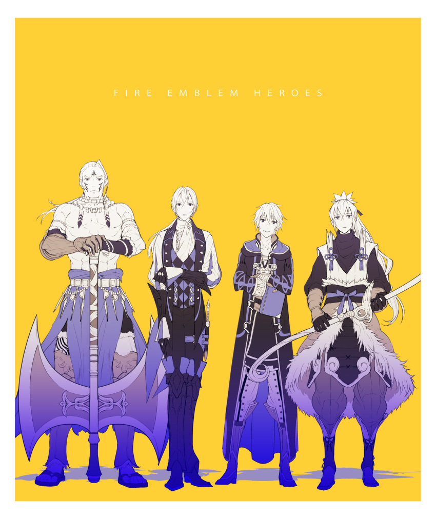 4boys amao_miyuki armor axe book copyright_name fire_emblem fire_emblem:_the_blazing_blade fire_emblem_awakening fire_emblem_fates fire_emblem_heroes formal_clothes full_body gloves hawkeye_(fire_emblem) highres hood jakob_(fire_emblem) japanese_clothes limited_palette long_hair looking_at_viewer male_focus male_robin_(fire_emblem) monochrome multiple_boys nintendo ponytail simple_background smile suit sword takumi_(fire_emblem) weapon yellow_background