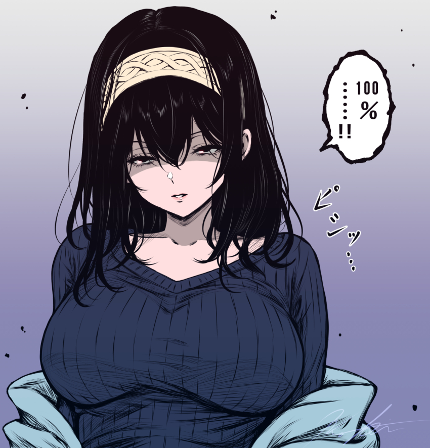 1girl :o black_hair blue_shawl blue_sweater breasts collarbone commentary_request gradient_background hair_between_eyes hairband highres idolmaster idolmaster_cinderella_girls koya_(koya_x_00) large_breasts long_hair looking_at_viewer ribbed_sweater sagisawa_fumika shaded_face shawl signature simple_background solo speech_bubble straight_hair sweater translation_request upper_body white_hairband