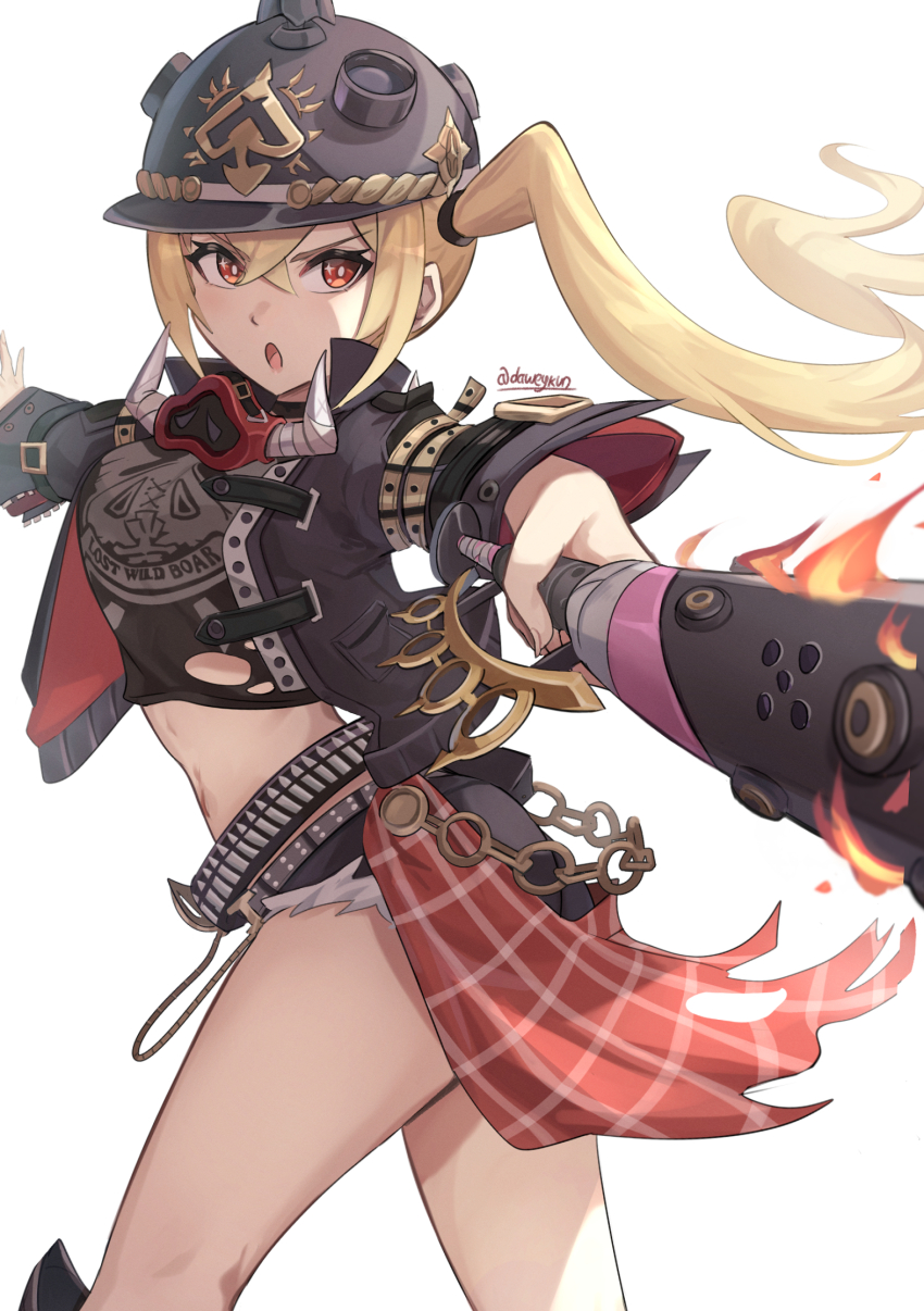 1girl baseball_bat belt black_gloves black_helmet black_jacket black_shirt black_shorts blonde_hair breasts cropped_shirt daweykun gloves helmet highres jacket long_hair long_sleeves looking_at_viewer luciana_de_montefio micro_shorts midriff navel open_mouth red_eyes shirt shorts side_ponytail small_breasts solo thighs zenless_zone_zero