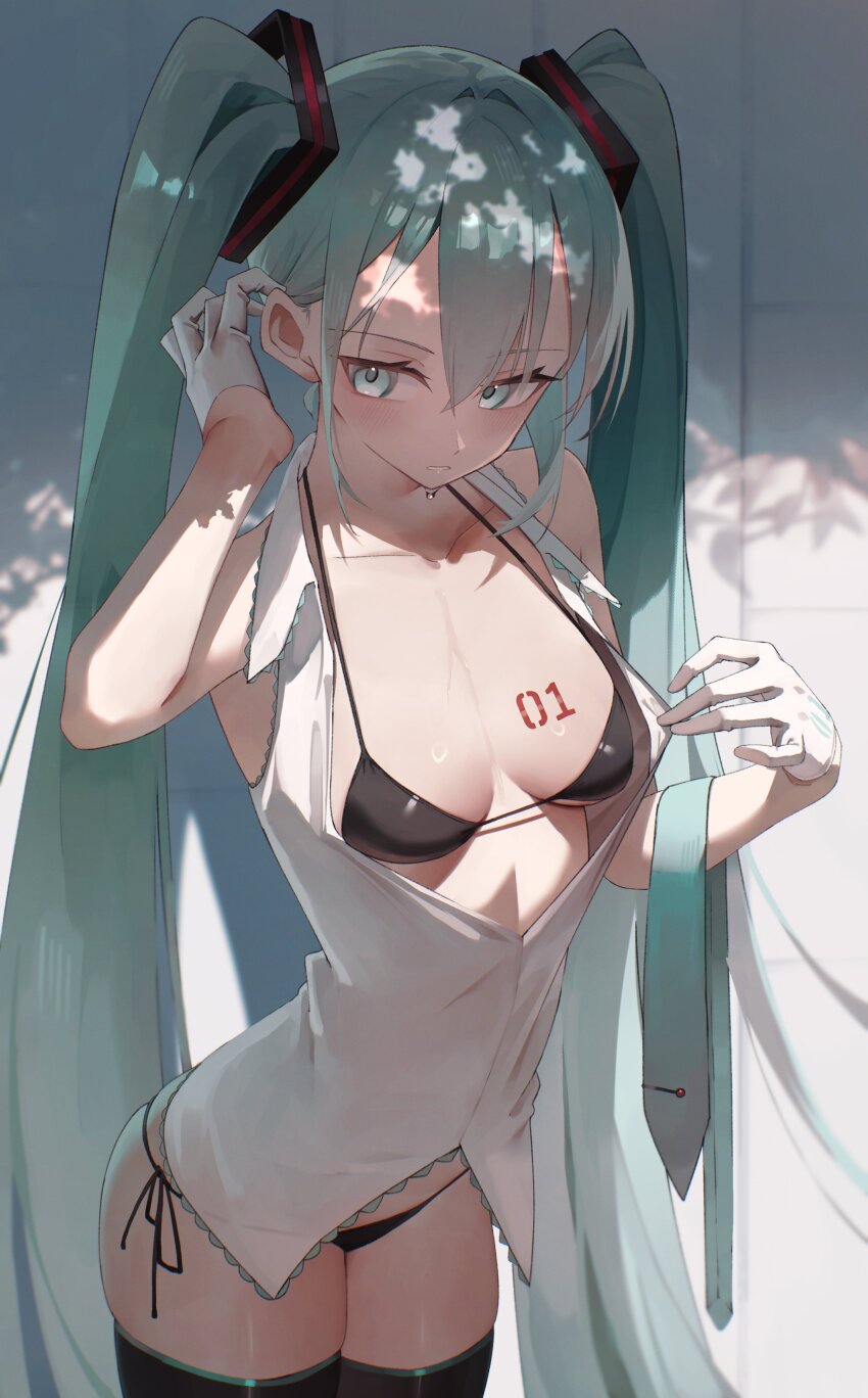 1girl 200f_(nifu) absurdres aqua_eyes aqua_hair aqua_necktie aqua_trim bare_arms bare_shoulders bikini black_bikini black_boots blush boots breast_tattoo breasts collarbone collared_shirt commentary cowboy_shot gloves hair_between_eyes hair_ornament half_gloves hand_up hatsune_miku highres hot long_hair necktie no_pants number_tattoo outdoors panties parted_lips partially_unbuttoned shade shiny_swimsuit shirt side-tie_bikini_bottom sidelocks sideways_glance skindentation sleeveless sleeveless_shirt small_breasts solo string_bikini sweat swimsuit symbol-only_commentary tattoo teeth thigh_boots thighs tie_clip tucking_hair twintails underwear unworn_necktie very_long_hair vocaloid white_gloves white_shirt