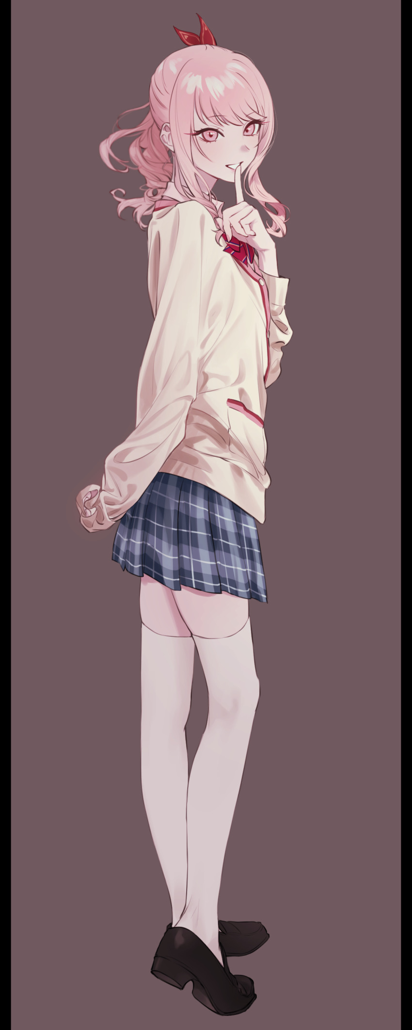1other :d absurdres akiyama_mizuki arm_behind_back black_shoes blue_skirt bow bowtie brown_background buttons cardigan collared_shirt commentary_request diagonal-striped_bow diagonal-striped_bowtie diagonal-striped_clothes drill_hair drill_ponytail finger_to_mouth from_behind grin hair_bow highres index_finger_raised kamiyama_high_school_uniform_(project_sekai) knees_apart_feet_together lips loafers long_sleeves looking_at_viewer looking_back medium_hair miniskirt nail_polish open_mouth other_focus pillarboxed pink_eyes pink_hair pink_nails plaid_clothes plaid_skirt pleated_skirt pocket ponytail project_sekai puffy_long_sleeves puffy_sleeves red_bow red_bowtie sa_tsuko school_uniform shirt shoes sidelocks simple_background skirt smile standing striped_clothes swept_bangs thighhighs white_shirt white_thighhighs yellow_cardigan zettai_ryouiki