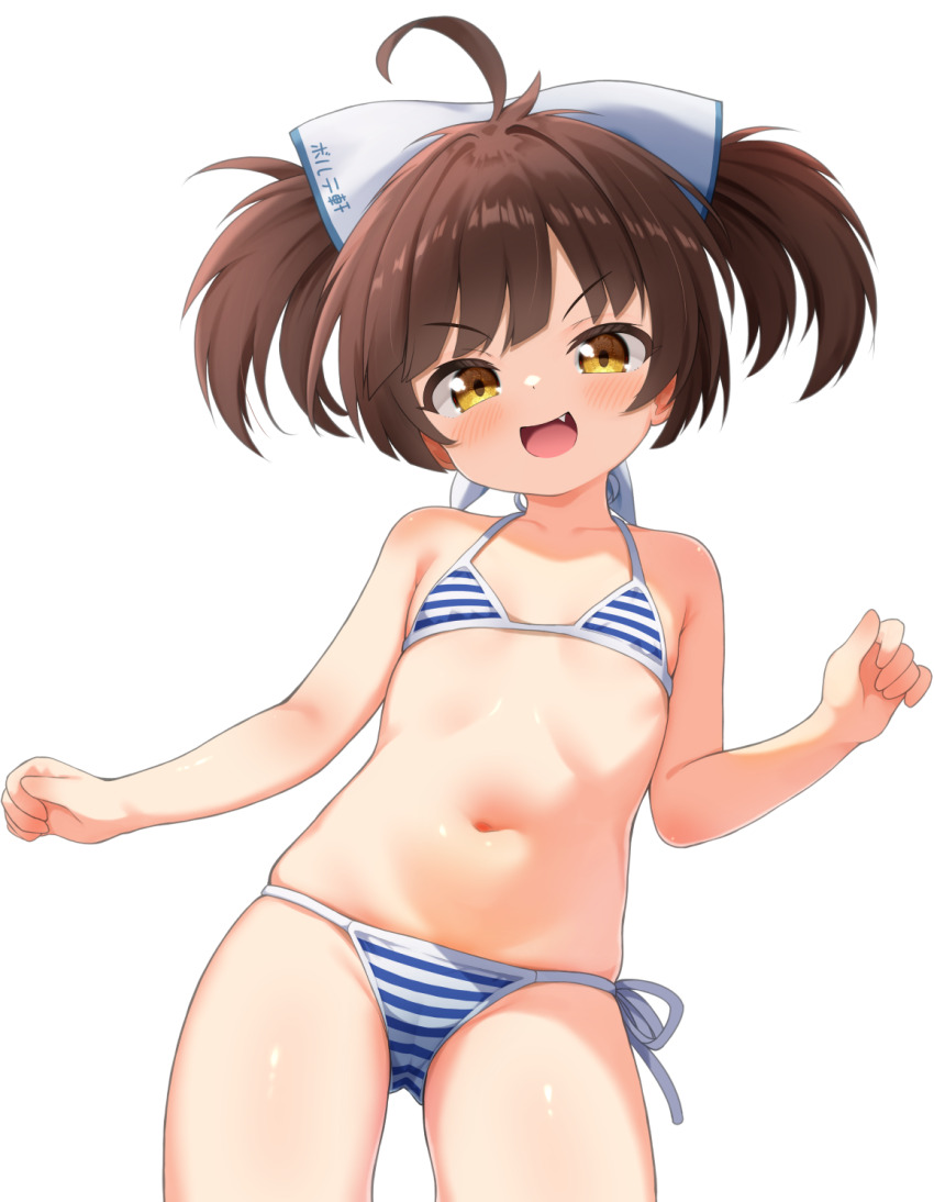 1girl bemani bikini blue_bikini brown_hair chrorhc commentary_request cowboy_shot fang flat_chest highres looking_at_viewer navel open_mouth short_hair side-tie_bikini_bottom simple_background solo sound_voltex string_bikini swimsuit twintails white_background yamashina_kanade yellow_eyes