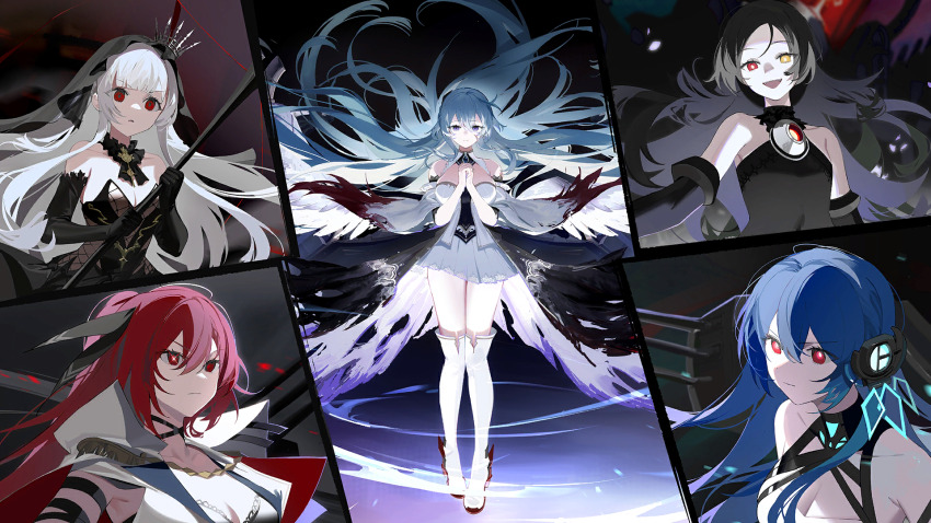 angel_wings arbiter_the_devil_xv_(azur_lane) azur_lane bare_shoulders black_dress black_gloves black_wings blue_eyes blue_hair boots braid breasts burnt_clothes cape chain cleavage closed_mouth crown detached_sleeves dress feathered_wings floating floating_hair full_body gloves hair_between_eyes hair_ornament hands_up helena_(meta)_(azur_lane) heterochromia high_heel_boots high_heels highres large_breasts oversized_wings long_hair military_vehicle miniskirt multiple_girls multiple_wings non-web_source official_art own_hands_clasped own_hands_together pale_skin pleated_skirt queen_elizabeth_(meta)_(azur_lane) red_eyes red_footwear red_hair ribbon rigging rodney_(azur_lane) rodney_(meta)_(azur_lane) serious ship ship_turret shoes siren_(azur_lane) skirt smile standing strapless strapless_dress thigh_boots thighhighs torn_clothes very_long_hair warship watercraft white_footwear white_hair white_skirt wichita_(azur_lane) wichita_(meta)_(azur_lane) wide_shot wings zettai_ryouiki