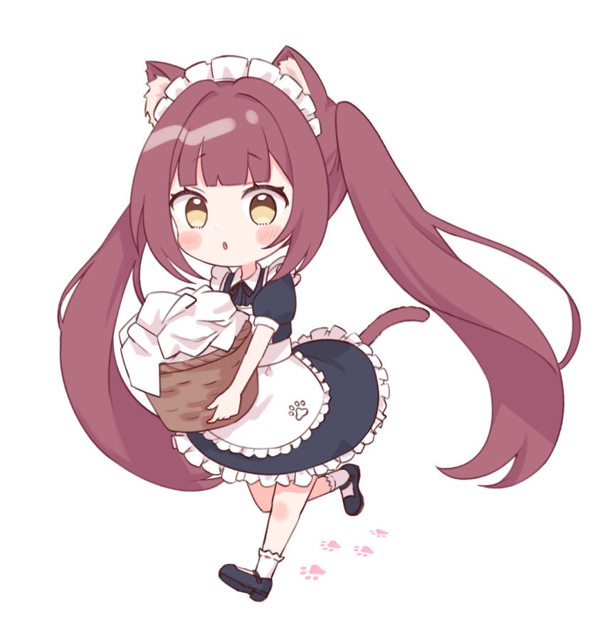 1girl :o animal_ear_fluff animal_ears apron basket black_dress black_ribbon black_shoes blunt_bangs blush_stickers cat_ears cat_girl cat_tail chibi chibi_only dress frilled_apron frilled_dress frills full_body furutori holding holding_basket long_hair maid maid_headdress mary_janes neck_ribbon original parted_lips paw_print red_hair ribbon running shoes short_sleeves sidelocks simple_background socks solo tail twintails very_long_hair white_apron white_background white_socks yellow_eyes