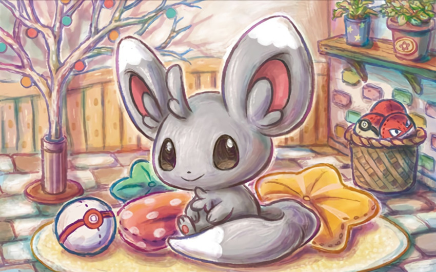black_eyes closed_mouth creature full_body gen_1_pokemon gen_5_pokemon happy minccino nintendo no_humans official_art pillow plant poke_ball poke_ball_(basic) pokemon pokemon_(creature) pokemon_tcg premier_ball sitting smile solo sowsow third-party_source vase voltorb
