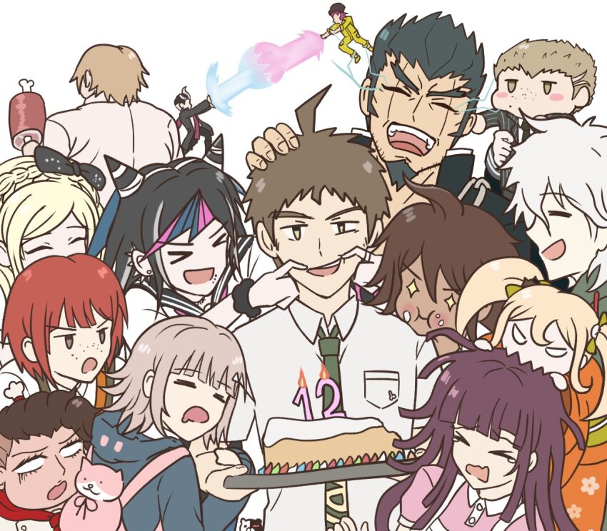 6+boys 6+girls animal_bag black_bow bow breast_pocket brown_hair cake cat_bag collared_shirt danganronpa_(series) danganronpa_2:_goodbye_despair drooling energy_beam everyone facial_hair fighting finger_in_another&#039;s_mouth food freckles goatee hair_bow hair_horns hair_ornament hanamura_teruteru hinata_hajime holding holding_cake holding_food hood hood_down jacket kamukura_izuru kmnm_1403 koizumi_mahiru komaeda_nagito kuzuryu_fuyuhiko long_hair long_sleeves looking_at_viewer medium_hair mioda_ibuki multiple_boys multiple_girls nanami_chiaki nidai_nekomaru open_clothes open_mouth owari_akane pekoyama_peko pink_bag pink_eyes pocket ribbon saionji_hiyoko shirt short_hair sleeping smile soda_kazuichi sonia_nevermind tanaka_gundham teeth togami_byakuya_(danganronpa_2) tsumiki_mikan upper_teeth_only white_shirt