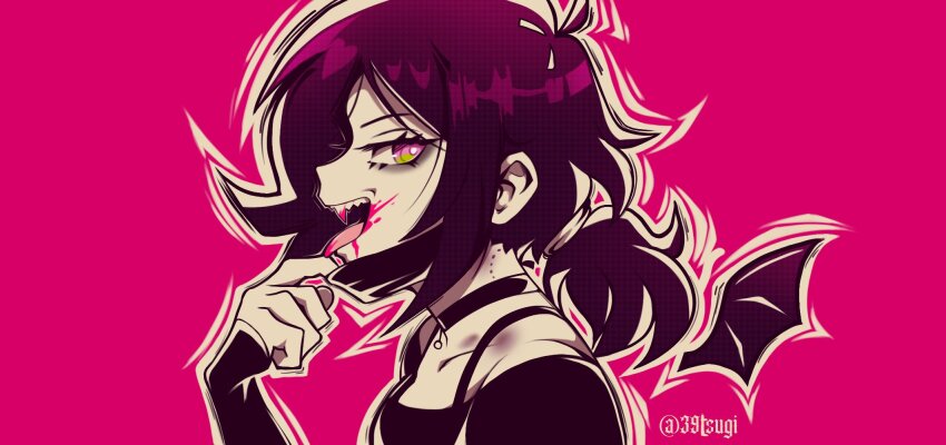 1girl 39tsugi :d adjusting_mask ahoge ashley_graves bare_shoulders bat_wings black_choker black_hair black_mask black_shirt black_wings blood blood_from_mouth bra_strap bright_pupils bruise bruise_on_shoulder choker collarbone commentary_request fangs from_side green_eyes hair_tie halftone hand_up highres long_sleeves looking_at_viewer low_ponytail mask medium_hair mouth_mask multicolored_eyes off-shoulder_shirt off_shoulder open_mouth outline pink_background pink_blood pink_eyes ponytail portrait profile shirt sideways_glance simple_background sleeves_past_wrists smile solo teeth the_coffin_of_andy_and_leyley tongue tongue_out twitter_username two-tone_eyes upper_teeth_only vampire_(vocaloid) white_outline white_pupils wings