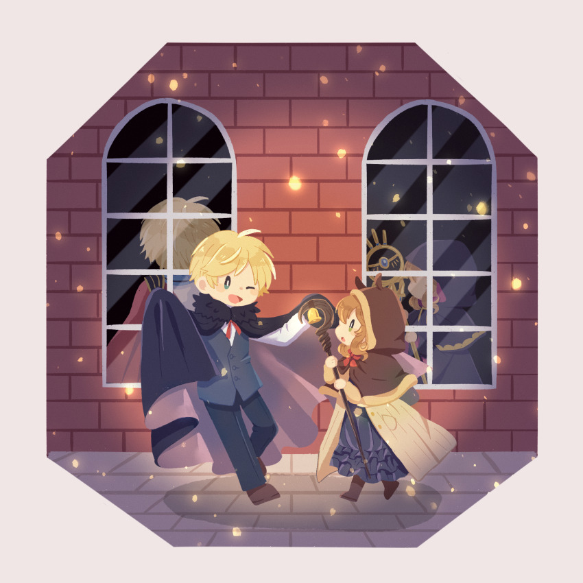 1boy 1girl animal_ear_hood bell black_cape black_pants black_vest blonde_hair blush_stickers brick_wall brown_cloak brown_hair cape cloak dress faceless faceless_female fake_animal_ears felix_arc_ridill frilled_dress frills fur-trimmed_cloak fur_trim highres holding holding_staff hood hooded_cloak lou_pender mage_staff monica_everett multiple_views one_eye_closed open_mouth pants purple_dress purple_robe reflection robe shadow shepherd&#039;s_crook silent_witch smile staff tiptoes vest walking walking_backwards