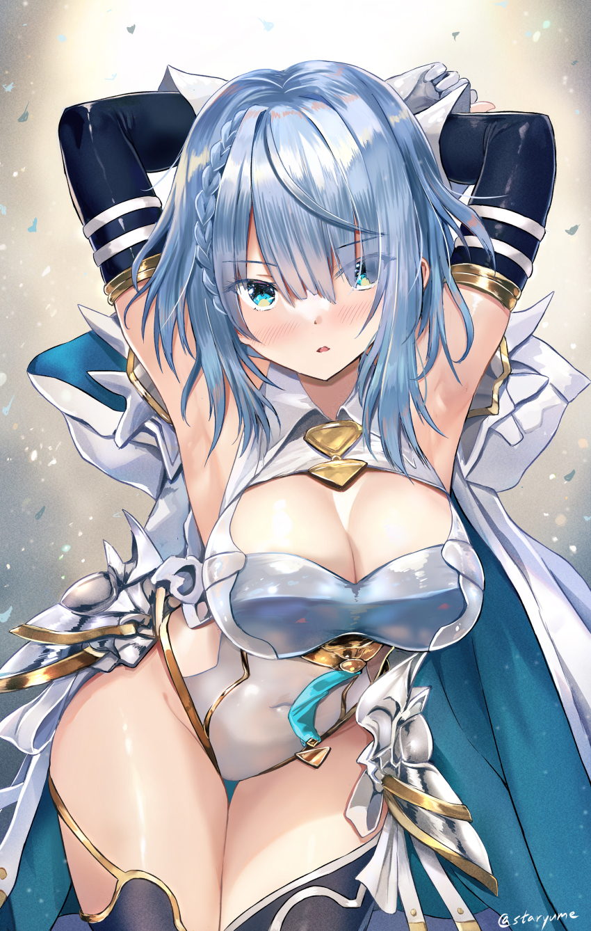 1girl absurdres aqua_cape aqua_eyes armor armpits arms_behind_head black_sleeves blue_hair blush braid breasts cape cleavage covered_navel detached_sleeves dreizehn_(shadowverse) gloves groin hair_between_eyes hair_over_one_eye highleg highleg_leotard highres hip_armor large_breasts leotard looking_at_viewer medium_hair parted_lips presenting_armpit shadowverse shadowverse:_worlds_beyond shiny_skin shoulder_armor single_braid solo standing staryume thighs white_cape white_gloves white_leotard