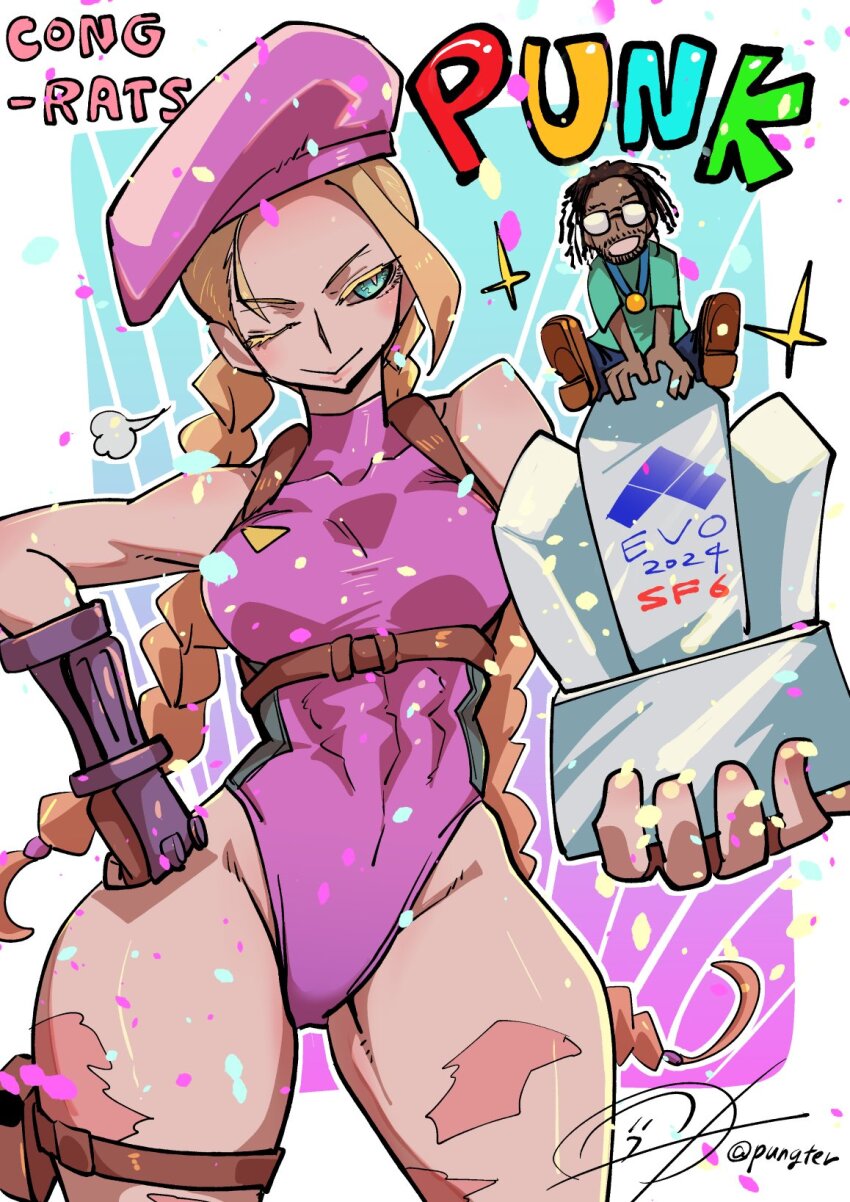 1boy 1girl :&gt; abs beret blonde_hair braid cammy_white character_request confetti evolution_championship_series hat highres holding holding_trophy leotard looking_at_viewer mini_person muscular muscular_female official_alternate_color one_eye_closed pink_leotard pungter punk_(gamer) real_life street_fighter street_fighter_6 thick_thighs thighs trophy twin_braids wide_hips