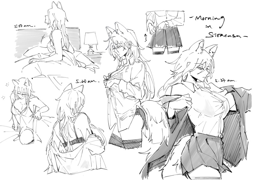 animal_ears arknights bed bra breasts coat dressing extra_ears glk_sier highres large_breasts monochrome morning multiple_views nightgown panties penance_(arknights) penance_(marvel) shirt sketch skirt underwear