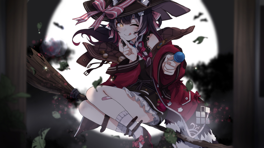 1girl ;q bandaid bandaid_on_leg black_footwear black_hair blurry blurry_background bow braid broom broom_riding candy dress facial_mark falling_leaves food footwear_bow frilled_dress frills full_moon hair_bow hat hat_ribbon highres holding holding_candy holding_food holding_lollipop jacket leaf lollipop moon multicolored_hair one_eye_closed pink_bow pink_ribbon pixellink raki_kazuki red_jacket ribbon sleeveless sleeveless_dress socks solo sparkle streaked_hair tongue tongue_out valefal_coneri virtual_youtuber whisker_markings white_hair white_socks witch witch_hat yellow_eyes
