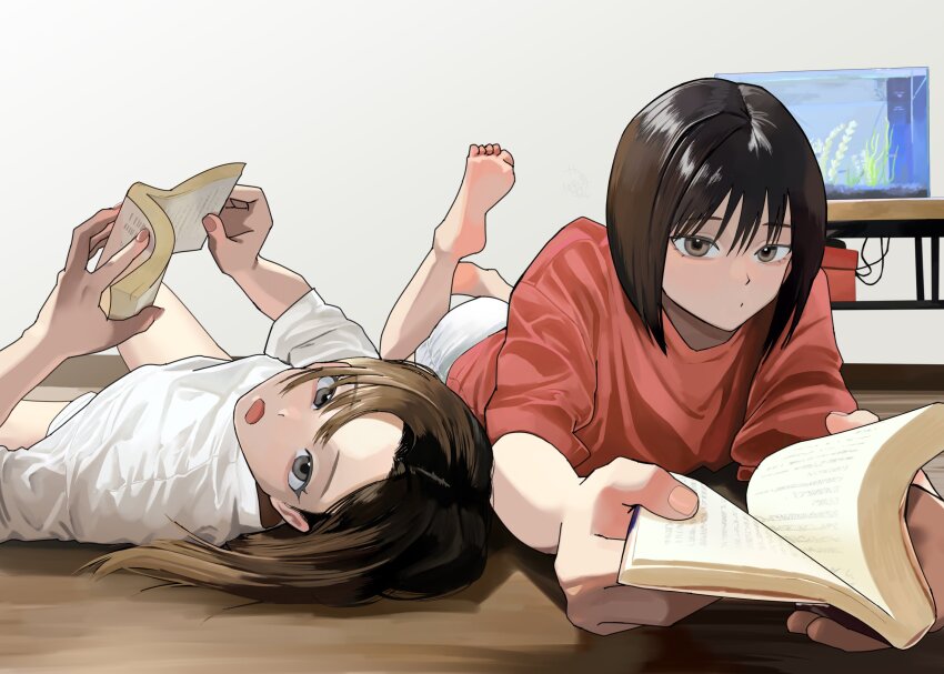 2girls barefoot black_eyes book brown_eyes brown_hair feet fishbowl hair_between_eyes highres holding holding_book indoors long_hair looking_at_viewer lying mmmo3 multiple_girls on_back on_floor on_stomach open_mouth original reading red_shirt shirt short_hair shorts soles t-shirt the_pose toes white_shirt white_shorts