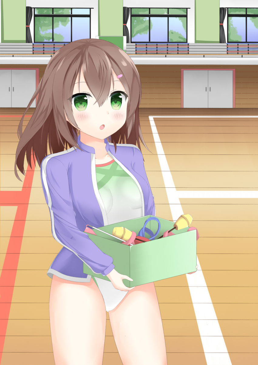 1girl box brown_hair green_eyes green_leotard gym leotard window