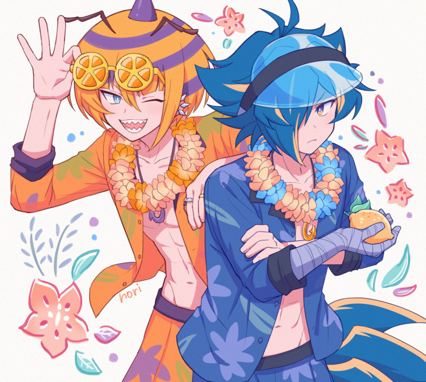 2boys ;d abs adjusting_eyewear antenna_hair antennae bandaged_hand bandages blue_eyes blue_hair blue_shirt bright_pupils chiyo_nori collarbone cowboy_shot crossed_arms ear_piercing eyewear_on_head flower flower_necklace flower_wreath food fruit hachin_(show_by_rock!!) hair_over_one_eye hand_on_eyewear hawaiian_shirt holding holding_food holding_fruit jewelry lei lemon male_focus multicolored_hair multiple_boys multiple_tails necklace one_eye_closed one_eye_covered open_clothes open_mouth open_shirt orange_hair orange_shirt pendant piercing ring round_eyewear sharp_teeth shirt short_hair show_by_rock!! simple_background smile standing streaked_hair sunglasses tail teeth toned toned_male two-tone_hair visor_cap white_background white_pupils yasu_(show_by_rock!!)