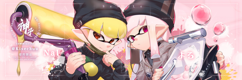 1boy 1girl adjusting_mask artist_name beanie black_hat black_shirt black_sweater bloblobber_(splatoon) blonde_hair brown_coat closed_mouth coat collared_shirt commentary commission commissioner_name dress_shirt green_mask hat highres holding holding_weapon inkling inkling_boy inkling_girl inkling_player_character jinkoika long_hair long_sleeves looking_at_viewer mask mouth_mask nintendo pink_background pink_eyes pink_hair pointy_ears red_eyes shirt short_hair smile splat_roller_(splatoon) splatoon_(series) sweater symbol-only_commentary tentacle_hair turtleneck turtleneck_sweater upper_body weapon