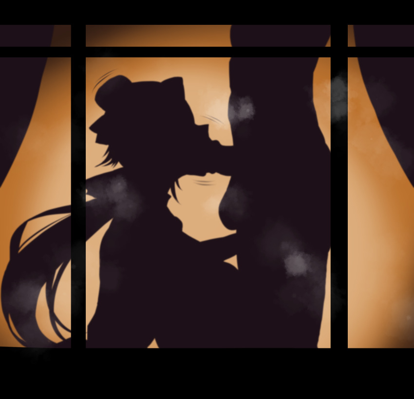 1boy 1girl :&gt;= absurdres breasts breath curtains cynthia_(ys) falcom fellatio hat highres huge_breasts kneeling long_hair merchant mini_hat motion_lines oral penis ponytail silhouette silhouette_sex standing steam testicles window ys yukichi100yu