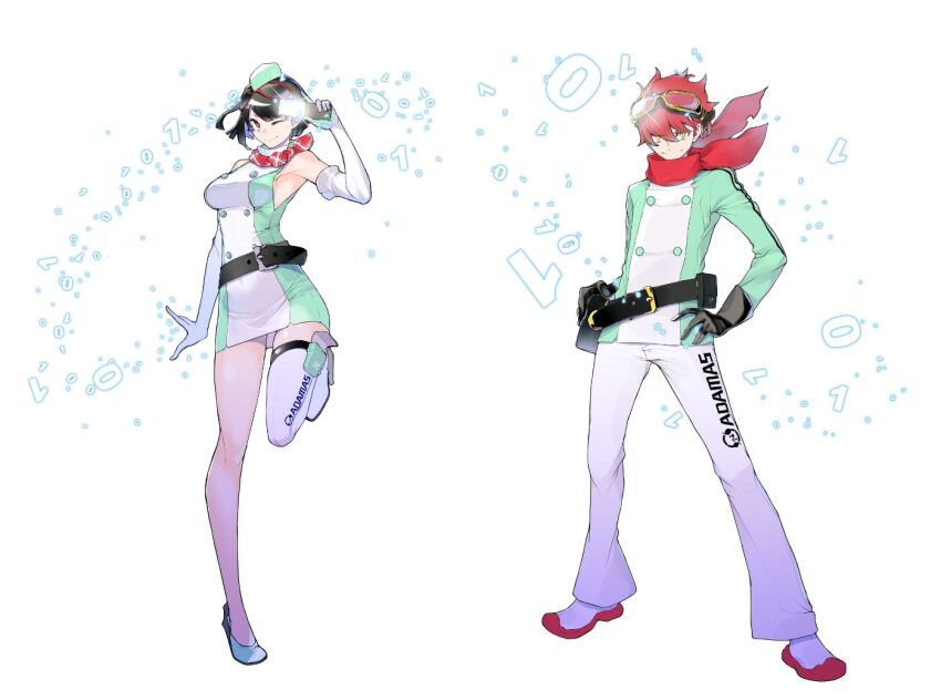 1boy 1girl bare_shoulders belt black_eyes black_hair breasts digimon digimon_story:_time_stranger dress full_body goggles goggles_on_head green_dress green_jacket holding holding_phone jacket large_breasts multicolored_jacket official_art one_eye_closed pants phone print_pants print_thighhighs red_hair red_scarf scarf second-party_source short_dress short_hair single_thighhigh skindentation sleeveless sleeveless_dress text_print thighhighs two-tone_dress two-tone_jacket white_dress white_jacket white_pants white_thighhighs yasuda_suzuhito yellow_eyes yuuki_dan yuuki_kanan yuuki_dan yuuki_kanan