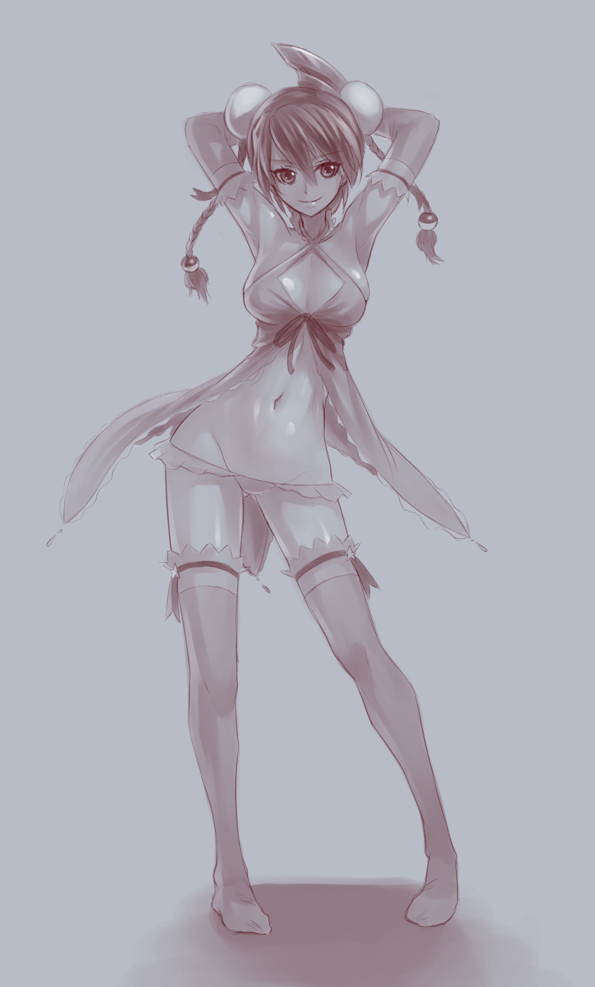 1girl absurdres ar_tonelico armpits arms_behind_head babydoll braid breasts cleavage double_bun hair_bun highres large_breasts legs looking_at_viewer misha_arsellec_lune monochrome navel seductive_smile smile solo thighs twin_braids