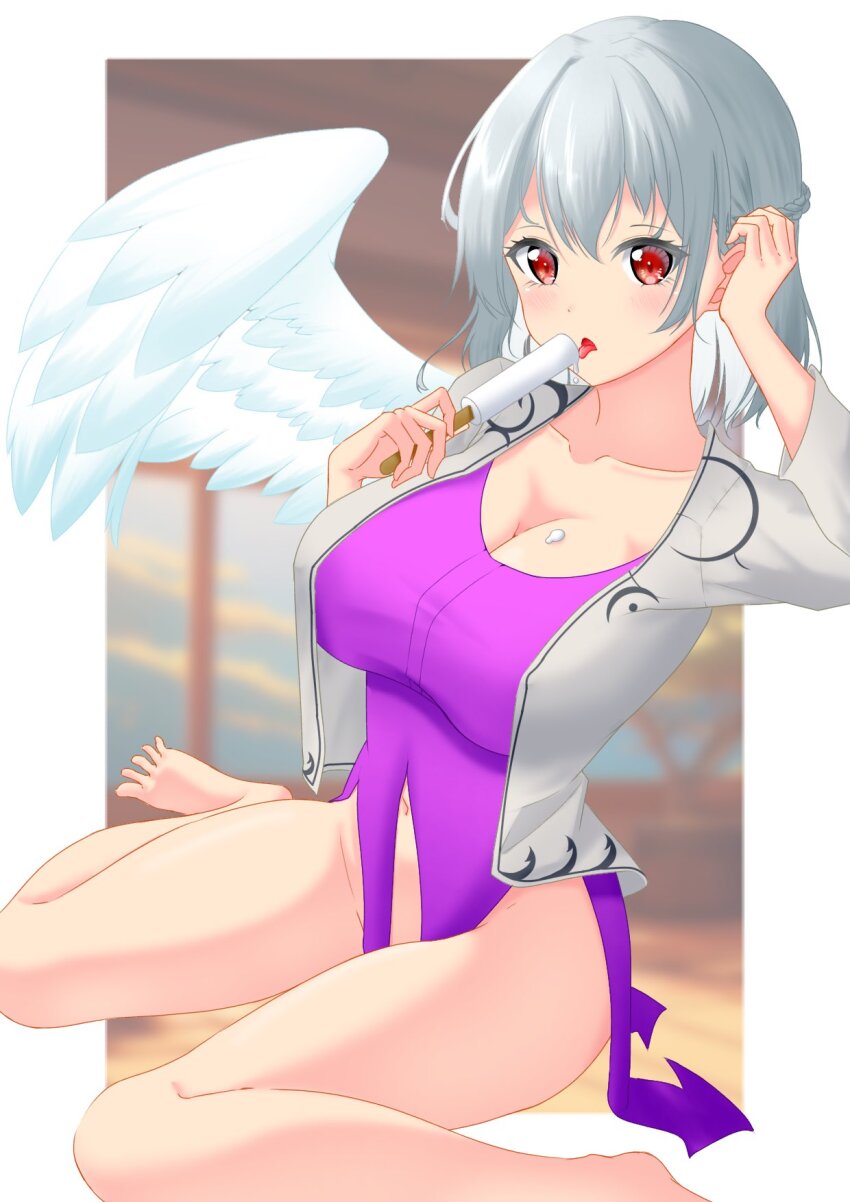 1girl alternate_costume bare_legs blurry blurry_background blush bottomless braid breasts cleavage collarbone ears evening feathered_wings feet food french_braid grey_hair groin hair_between_eyes hand_up highres holding holding_food holding_popsicle jacket kishin_sagume large_breasts licking long_sleeves looking_at_viewer navel nose okina_0202 open_mouth popsicle red_eyes short_hair single_wing sitting solo thighs toes touhou wariza white_background white_wings window wings
