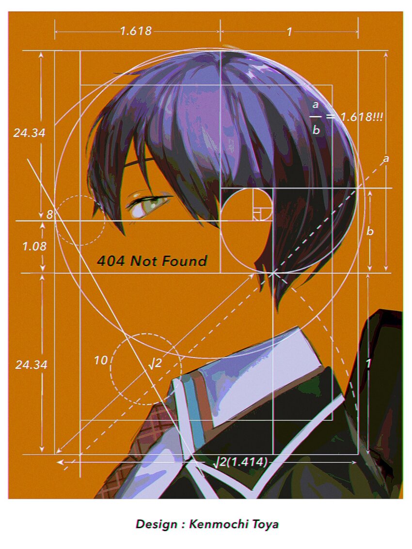 1boy 404 argyle_clothes argyle_necktie azuma_kurumi black_jacket blazer border character_name closed_mouth collared_shirt dotted_line expressionless from_side geometry golden_spiral green_eyes highres http_status_code invisible jacket kenmochi_touya kenmochi_touya_(1st_costume) looking_at_viewer looking_to_the_side male_focus math measurements necktie nijisanji open_clothes open_jacket orange_background portrait profile purple_hair red_necktie shirt short_hair solo virtual_youtuber white_border white_shirt