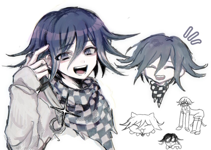 1boy arisa_(oa_0621_x) arm_belt buttons checkered_clothes checkered_scarf closed_eyes danganronpa_(series) danganronpa_v3:_killing_harmony doodles flipped_hair highres laughing long_sleeves looking_at_viewer male_focus meme monochrome oma_kokichi open_mouth pointing_at_forehead purple_eyes purple_hair scarf short_hair sketch smile sparkle straitjacket tbh_creature_(meme) teeth two-tone_scarf white_background