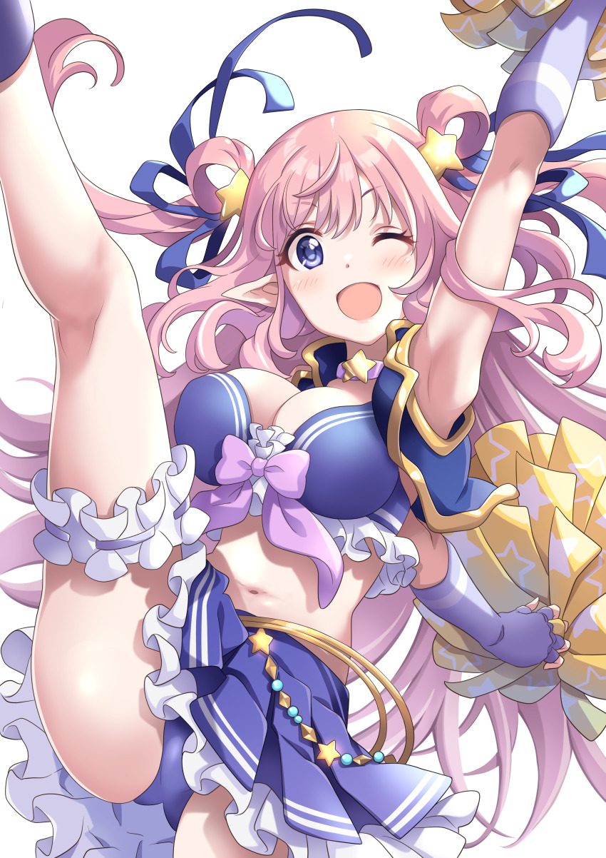 1girl absurdres arm_up armpits bikini bikini_skirt bow bow_bikini cheerleader choker cropped_vest elf frilled_bikini frilled_thigh_strap frills hair_ornament hair_rings hatsune_(princess_connect!) hatsune_(summer)_(princess_connect!) highres holding holding_pom_poms jewelry kneepits leg_up navel one_eye_closed open_clothes open_mouth open_vest pink_ribbon pointy_ears pom_pom_(cheerleading) pom_poms princess_connect! purple_bikini purple_eyes ribbon simple_background smile solo star_(symbol) star_choker star_hair_ornament swimsuit thigh_strap tsukachii vest white_background
