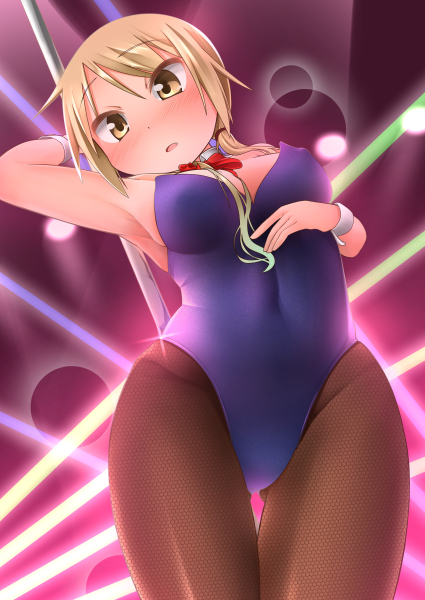 1girl absurdres baaad_sima black_leotard black_pantyhose blonde_hair blush breasts covered_navel female_focus highres ichii_yui large_breasts leotard open_mouth pantyhose pole_dancing short_hair solo yellow_eyes yuyushiki