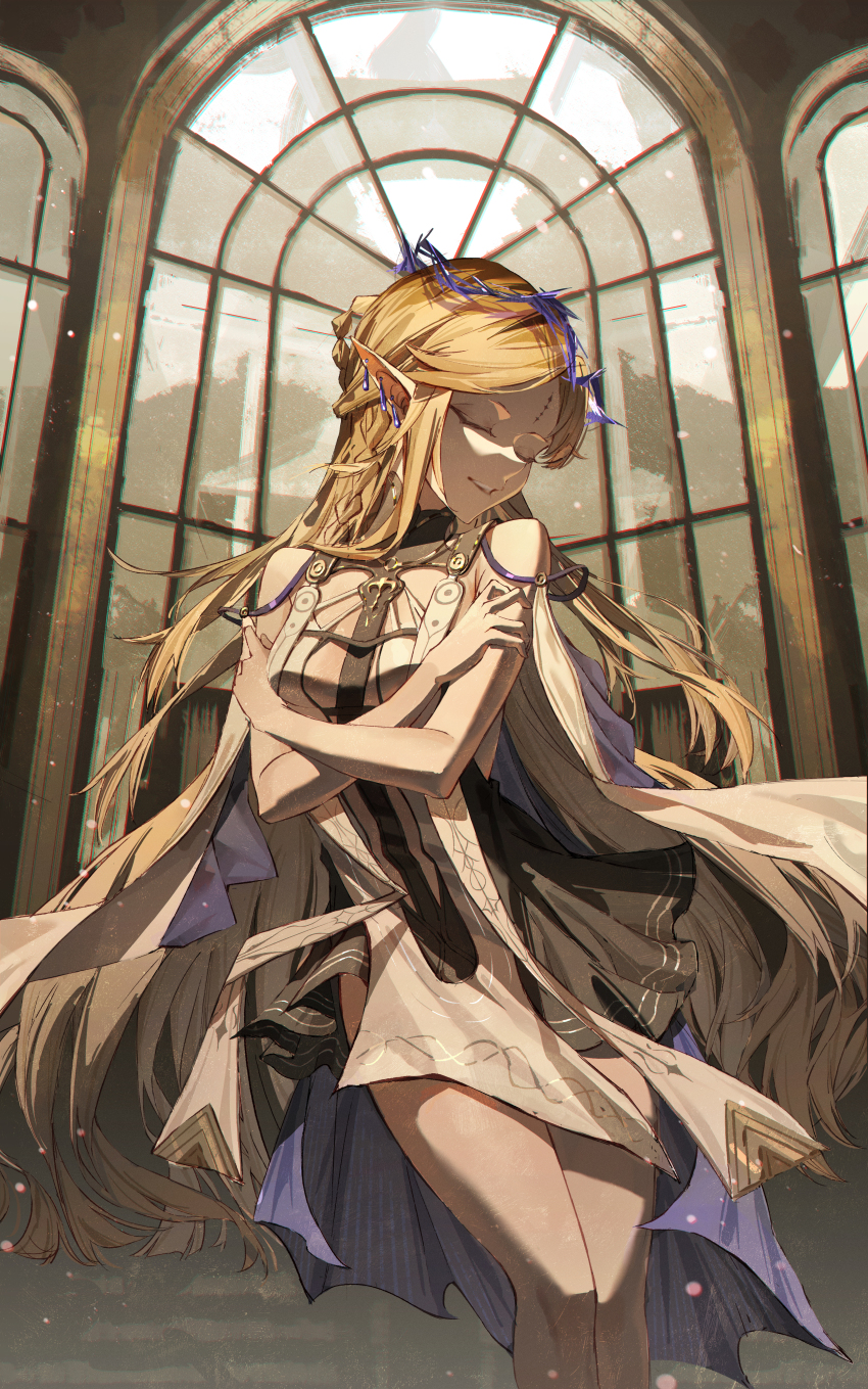 1girl absurdres bare_shoulders black_dress blonde_hair breasts cartethyia_(wuthering_waves) closed_eyes commentary cowboy_shot crown_of_thorns doki_illus dress earrings highres jewelry long_hair medium_breasts necklace parted_bangs parted_lips pointy_ears smile solo tabard tacet_mark_(wuthering_waves) thighs very_long_hair white_tabard wuthering_waves