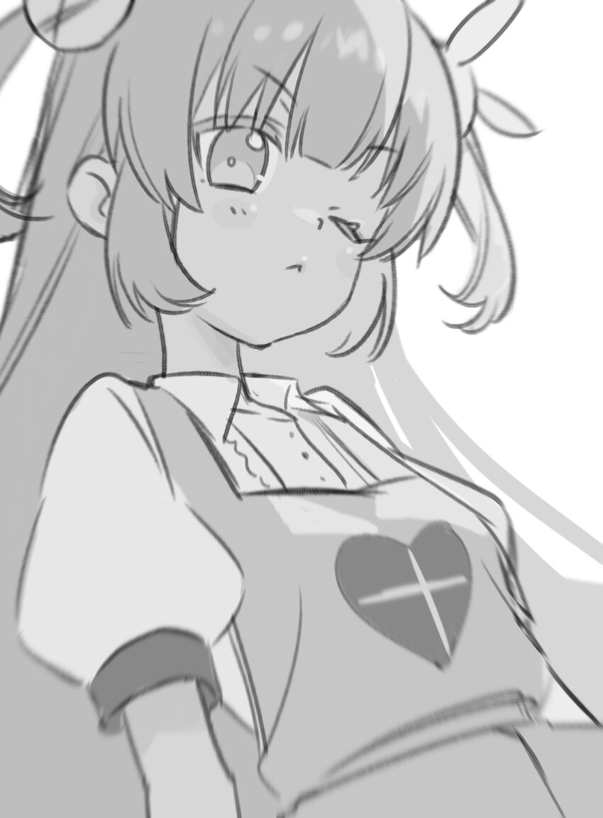 1girl :&lt; apron blurry blurry_foreground center_frills collared_shirt frills greyscale hair_ornament heart heart_print highres iniooooo long_hair monochrome natori_sana natori_sana_(nurse) one_eye_closed puffy_short_sleeves puffy_sleeves rabbit_hair_ornament sana_channel shirt short_sleeves simple_background sketch solo two_side_up upper_body v-shaped_eyebrows virtual_youtuber white_background