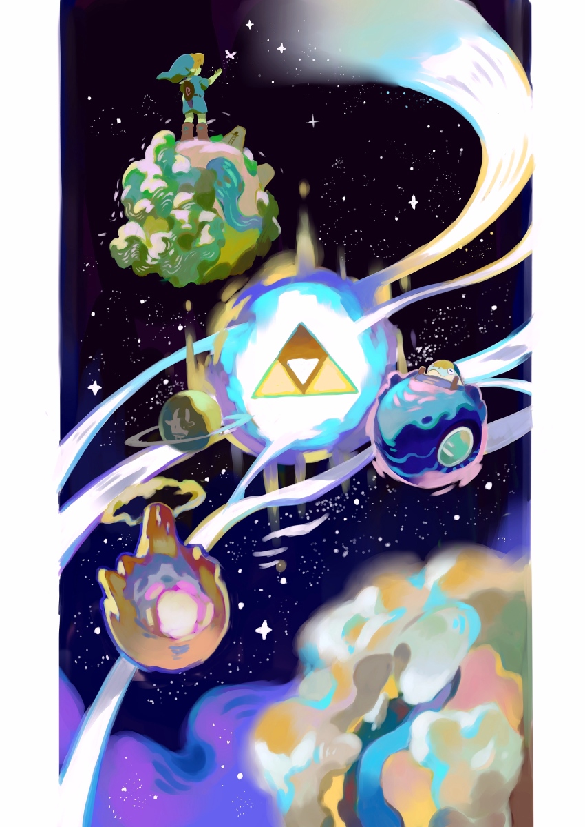 1boy absurdres blonde_hair cloud commentary deku_shield fairy green_hat green_tunic hat highres jabu-jabu link lon_lon_milk male_focus navi nintendo on_mini_planet pillarboxed ricmoo3 shield solo sparkle star_(sky) the_legend_of_zelda the_legend_of_zelda:_ocarina_of_time triforce tunic volcano young_link