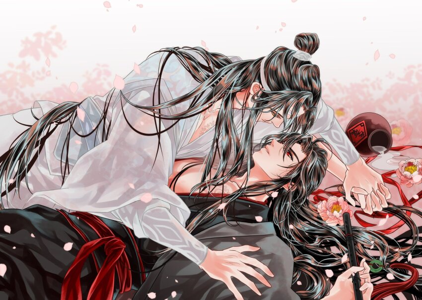 2boys alternate_hairstyle bbbeyonce099 bishounen black_hair black_hanfu black_robe chest_tattoo chinese_clothes coat dripping eye_contact falling_petals flower flute grey_coat hair_down hanfu headband highres holding holding_flute holding_hands holding_instrument instrument jar lan_wangji long_hair long_sleeves looking_at_another lying male_focus modao_zushi multiple_boys official_alternate_costume on_back parted_lips pectoral_cleavage pectorals petals pink_flower pink_petals red_eyes red_ribbon red_sash ribbon robe sash sidelocks tassel tattoo topknot upper_body very_long_hair wei_wuxian wei_wuxian_(yiling_laozu) white_hanfu white_headband white_robe wide_sleeves xiao_guan_(headdress) yaoi