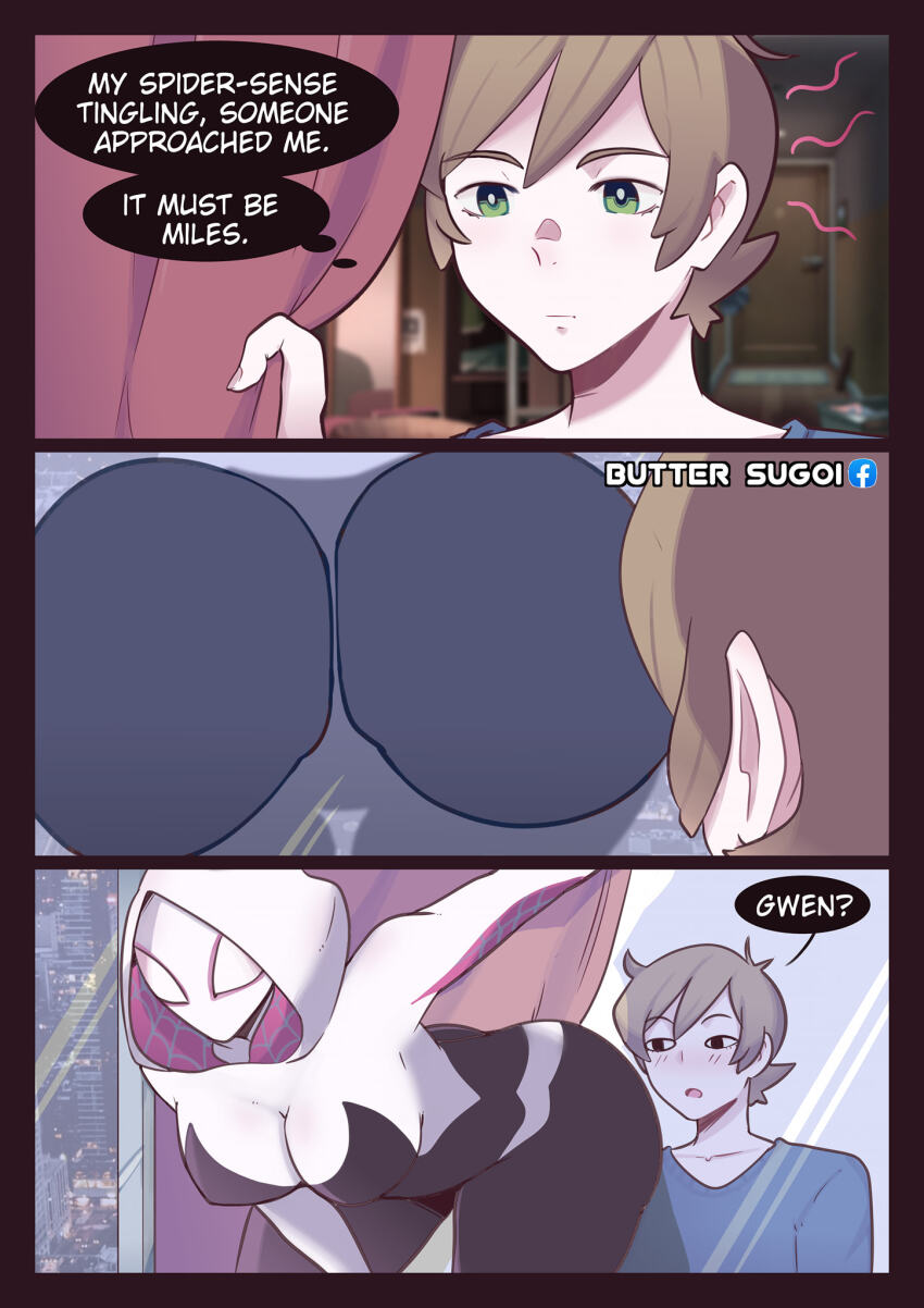 &lt;o&gt;_&lt;o&gt; 1boy 1girl 3koma against_glass artist_name ass_on_glass ass_press bodysuit breasts brown_hair butter_sugoi comic commentary curtains english_text green_eyes gwen_stacy highres hood hooded_bodysuit impossible_bodysuit impossible_clothes marvel medium_breasts peter_parker reflection speech_bubble spider-gwen spider-man_(series) superhero_costume thought_bubble window