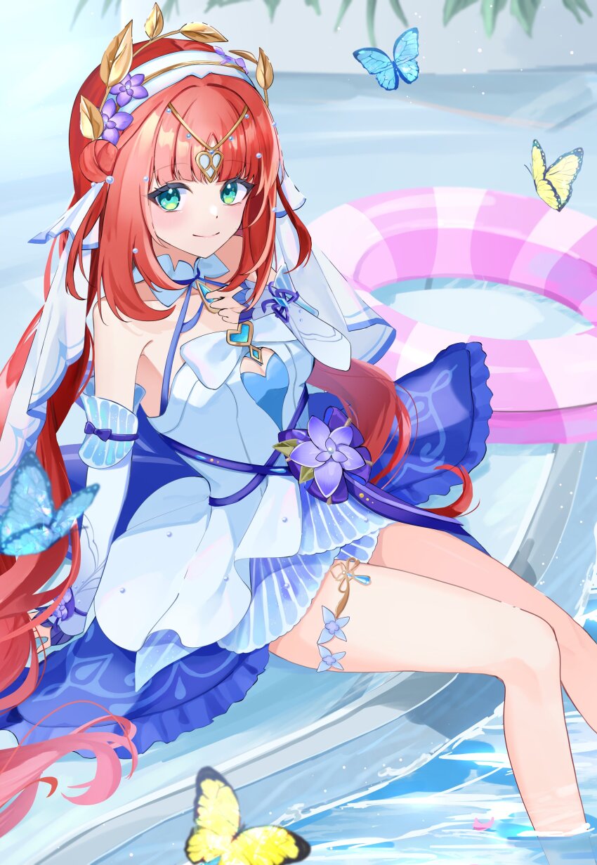 1girl absurdres aqua_eyes bare_shoulders blue_butterfly blue_gemstone blue_ribbon bow breasts bug butterfly circlet cleavage commentary_request detached_sleeves dress feet_out_of_frame flower from_side gem genshin_impact hair_bun hair_flower hair_ornament hand_on_own_chest hand_up headdress highres innertube insect light_blush long_hair looking_at_viewer marufus nilou_(breeze_of_sabaa)_(genshin_impact) nilou_(genshin_impact) official_alternate_costume parted_bangs purple_flower red_hair ribbon sitting sleeveless sleeveless_dress smile solo swim_ring very_long_hair water white_bow white_dress white_sleeves yellow_butterfly
