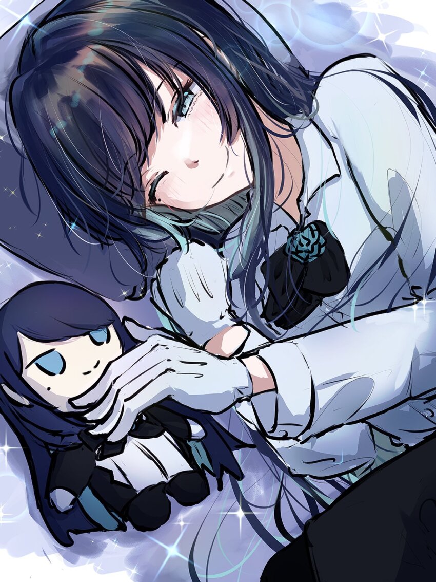 1girl ado_(utaite) black_bow black_bowtie blue_eyes blue_flower blue_hair blue_rose blush bow bowtie chando_(ado) character_doll collared_shirt colored_inner_hair dress_shirt flower flower_brooch gloves highres long_hair long_sleeves looking_at_viewer lying mole mole_under_eye multicolored_hair on_side one_eye_closed rose shirt sidelocks solo tanake_(tanakei_ado) utaite white_gloves white_shirt
