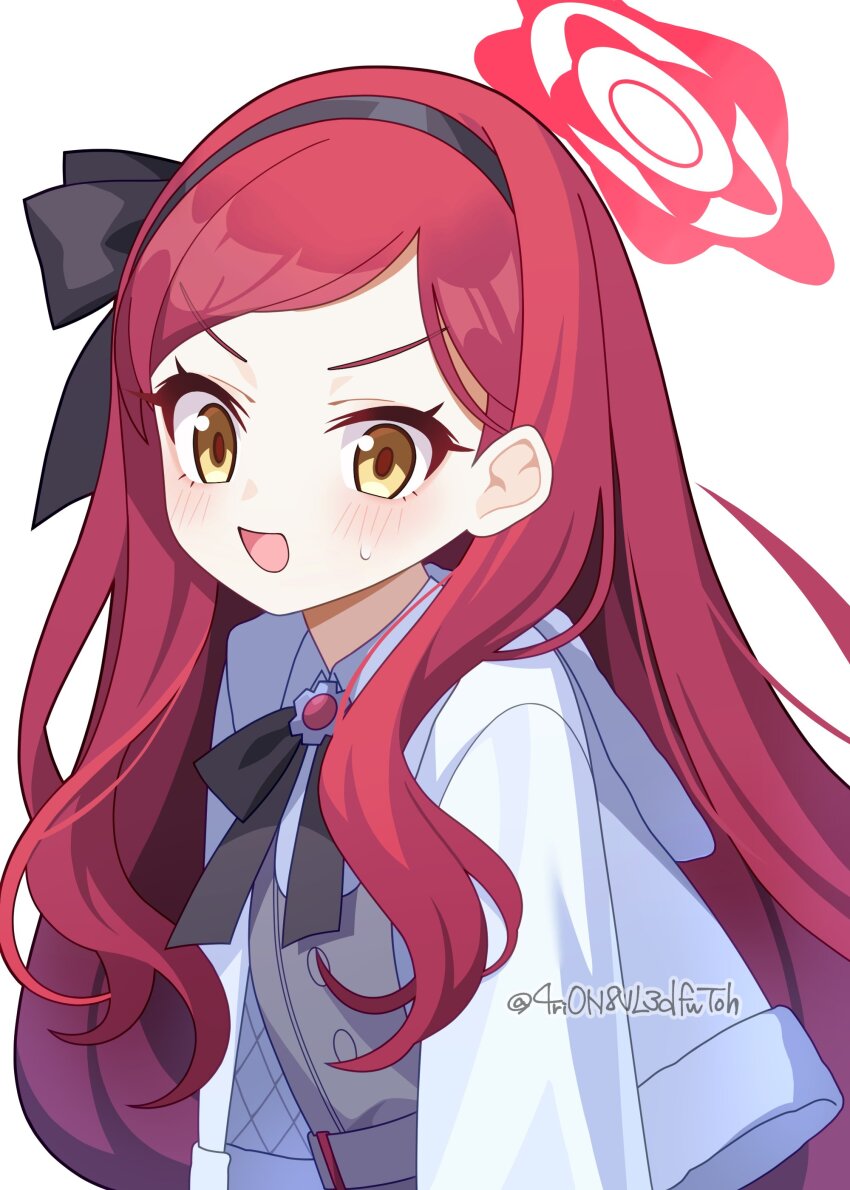 1girl 4rion :d absurdres black_bow black_bowtie black_hairband blue_archive blush bow bowtie commentary hair_behind_ear hair_bow hairband halo highres jacket long_hair long_sleeves looking_at_viewer open_clothes open_jacket open_mouth parted_bangs red_hair red_halo sidelocks simple_background smile solo takane_(blue_archive) twitter_username upper_body v-shaped_eyebrows very_long_hair white_background white_jacket yellow_eyes