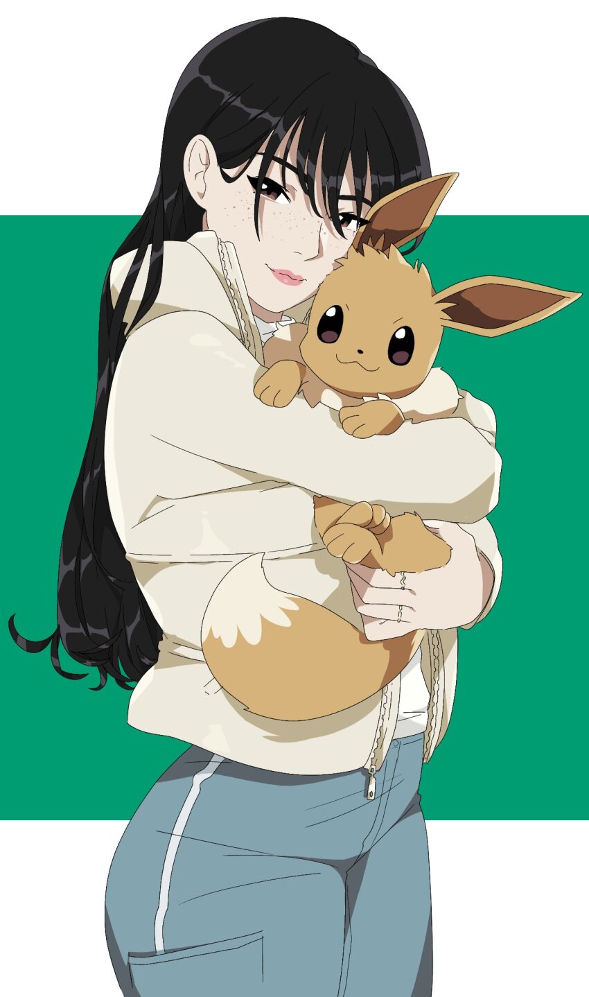 1girl black_hair brown_eyes brown_fur closed_mouth eevee freckles gen_1_pokemon green_background highres holding holding_pokemon jacket long_hair looking_at_viewer nintendo original pink_lips pokemon pokemon_(creature) r3dfive simple_background smile solo standing tail two-tone_background white_background white_jacket